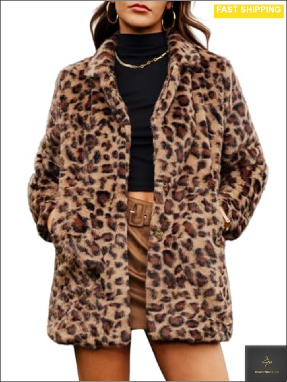 Faux Fur Long Winter Coat Fluffy Leopard Print Notch Lapel Pockets Button